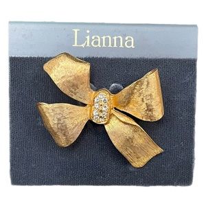 Gold Bow Sparkling Rhinestones Statement Ornate Fleur Fe Lis Brooch Pin